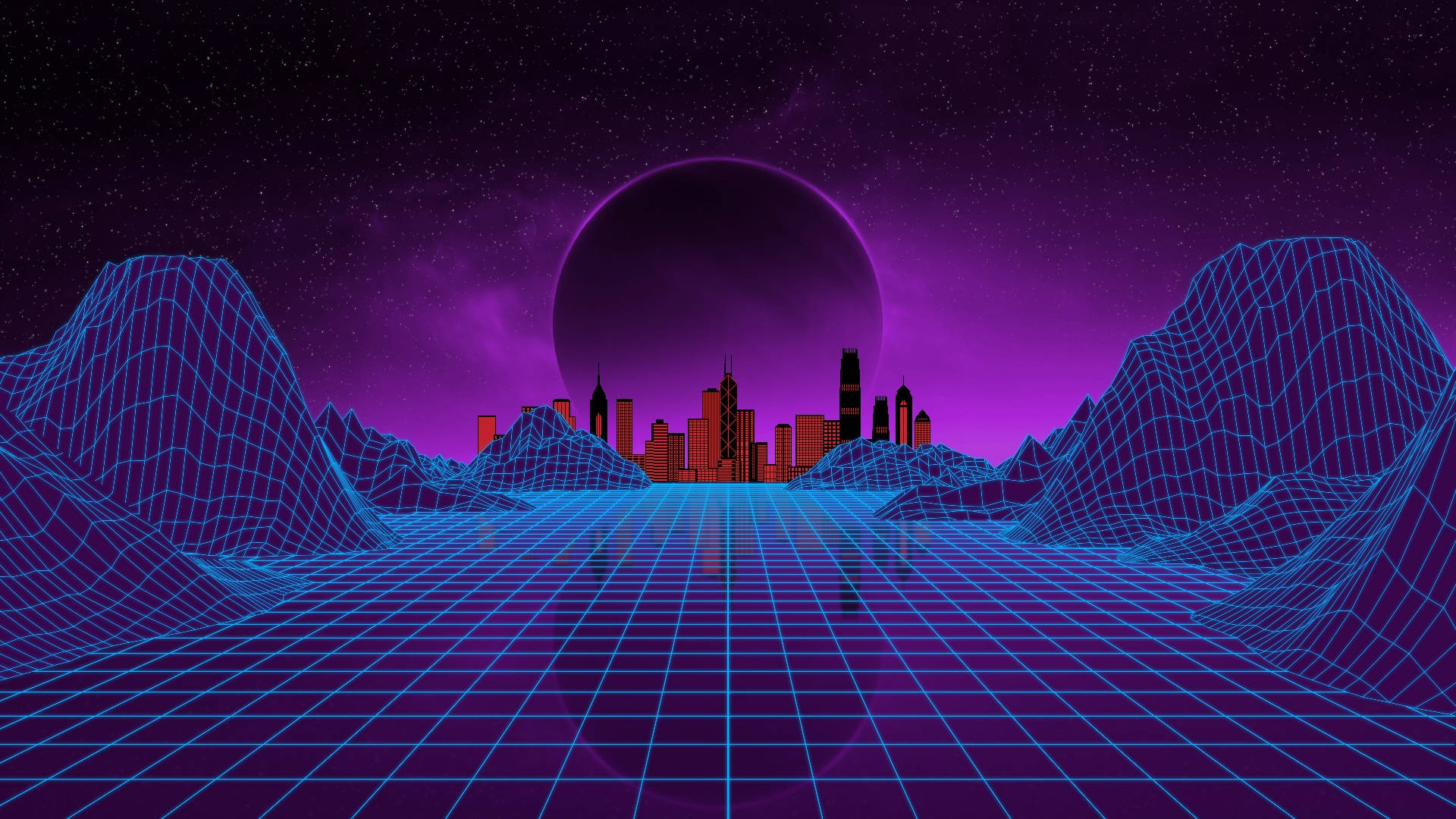 "The glowing neon lights paint the retro-futuristic skyline of the valley city" Wallpaper