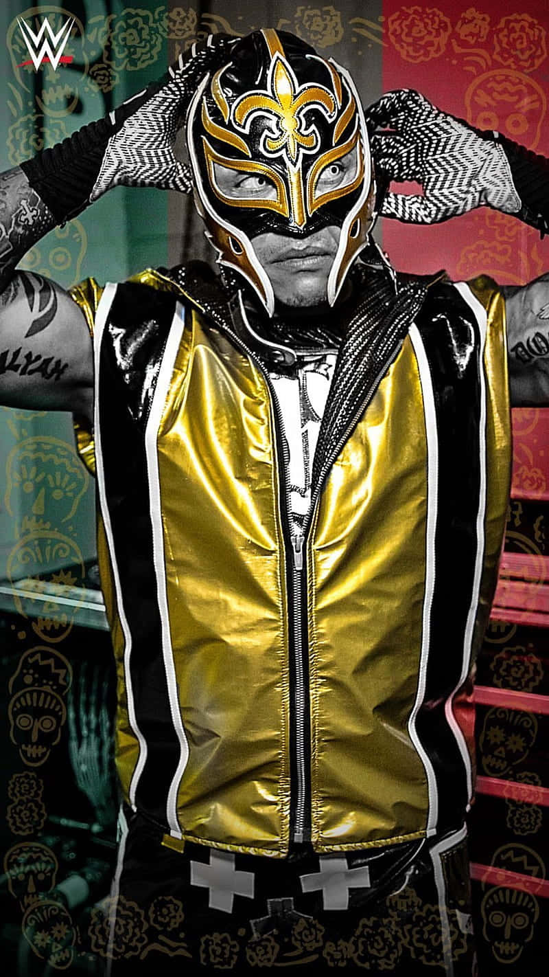 Rey_ Mysterio_ Wrestler_in_ Gold_and_ Black_ Attire Wallpaper