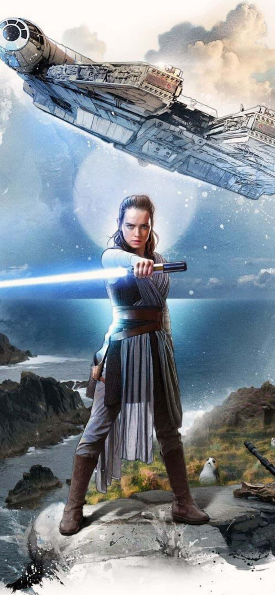 Rey, den kraftfulde Jedi i Star Wars, dominerer dette tapet. Wallpaper