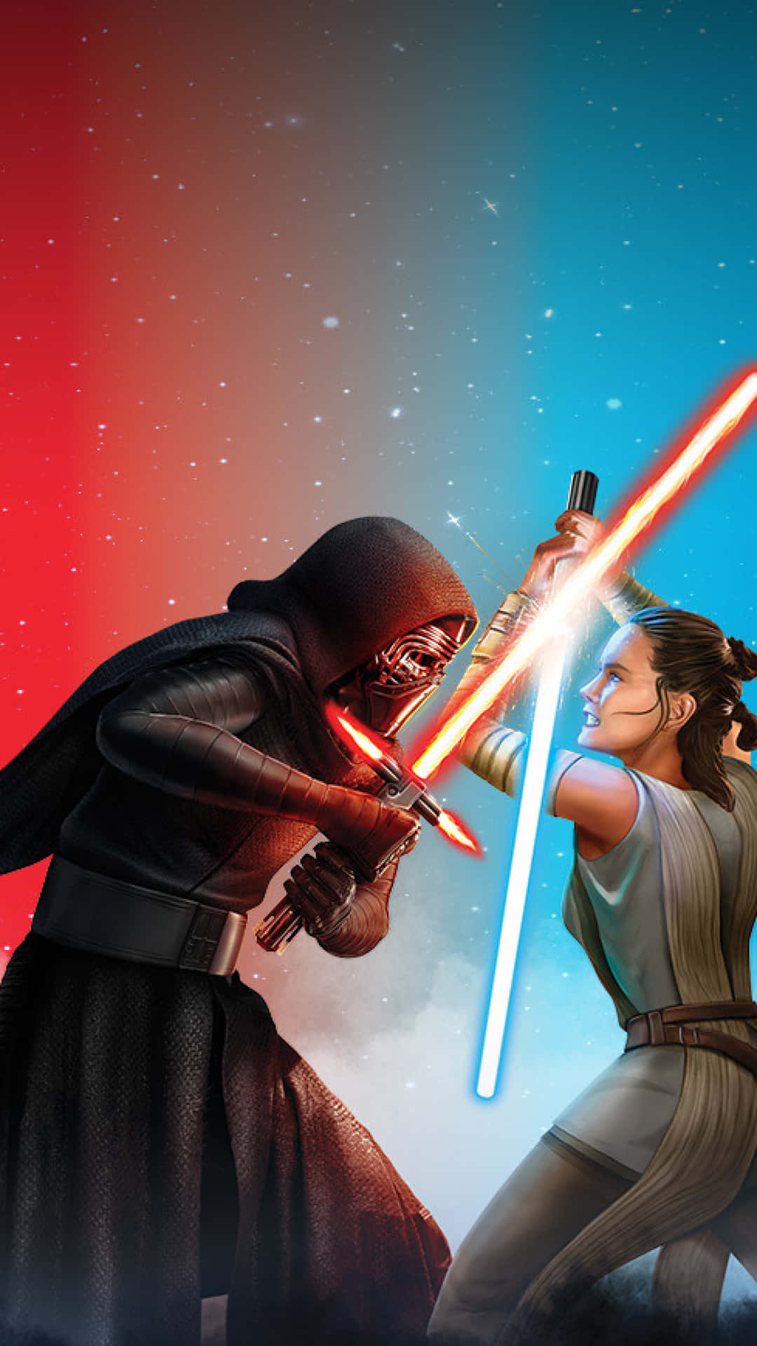 Denne baggrundsindstilling har Rey, den stærke heltinde fra Star Wars-filmene, på sig. Wallpaper