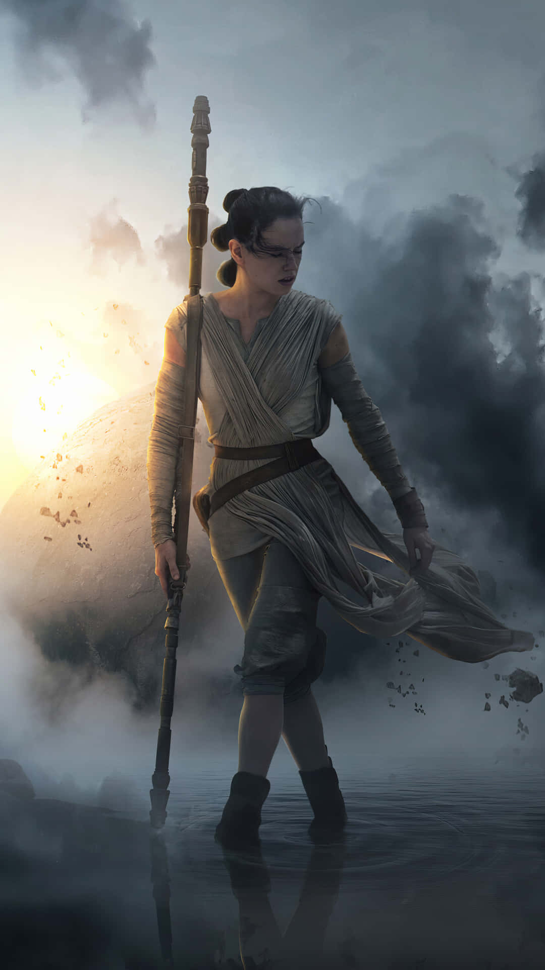 Denne wallpaper viser Rey, en Force-bruger fra Star Wars, med et Lightsaber. Wallpaper