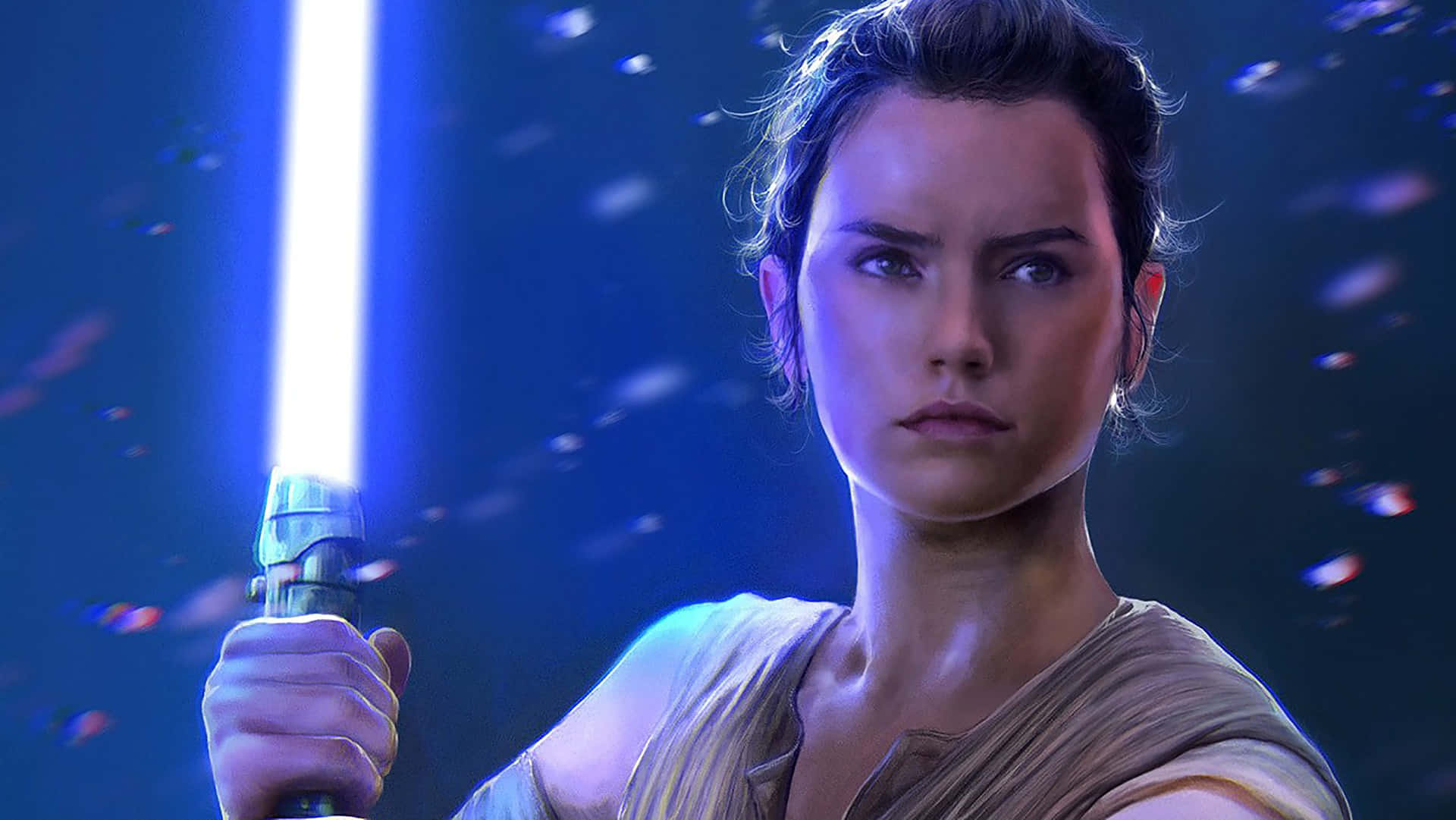 En ung Rey stirrer ud i det ukendte i jagten på et nyt eventyr. Fan-favoritten fra Star Wars-franchisen er klar til at begive sig ud på sin næste rejse, uanset hvor langt det tager hende. Wallpaper
