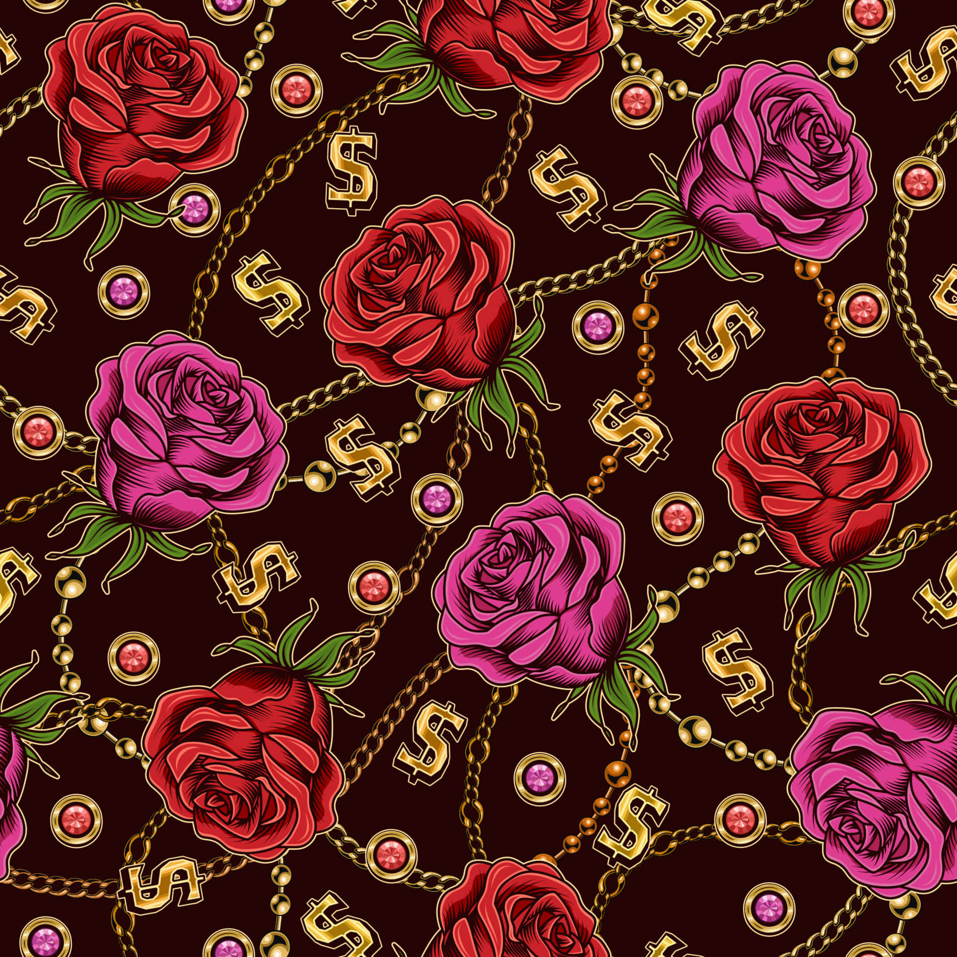 Pink Red Roses Chains Rhinestones Background