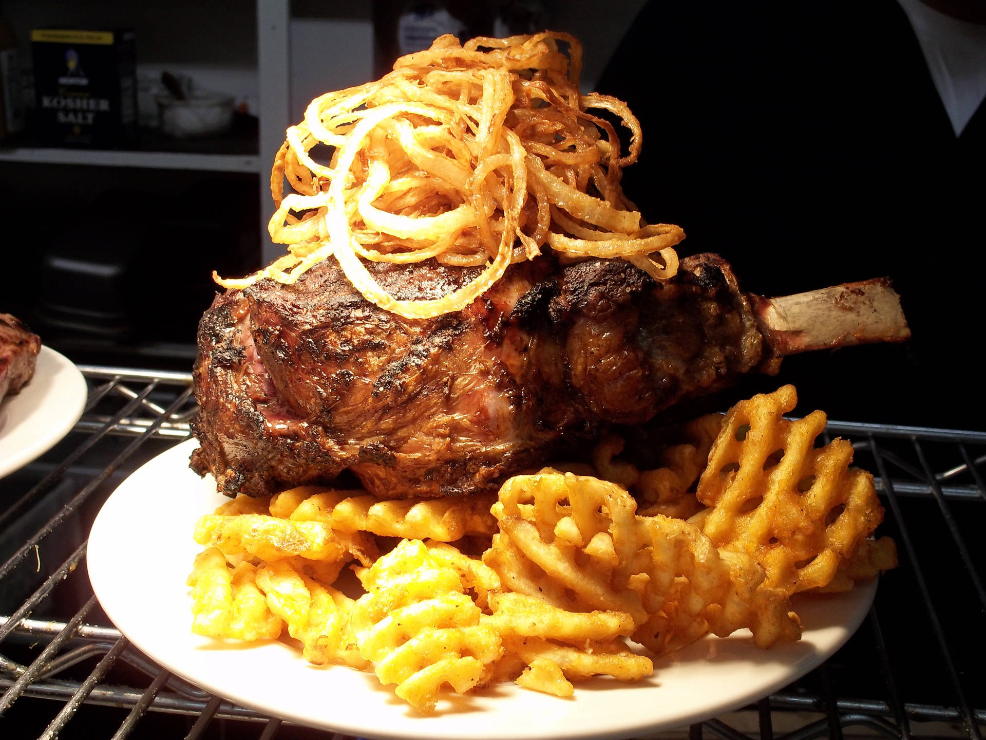 Rib Eye Meat With Onion Rings And Fries Wallpaper