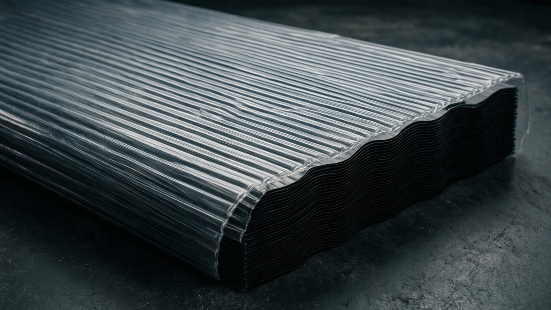 Dik geribbeld plastic overlay dat lijkt op gegolfd materiaal, industrieel en gestructureerd.