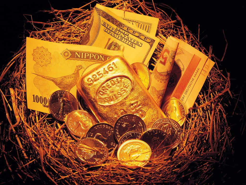 a nest with gold bars and money