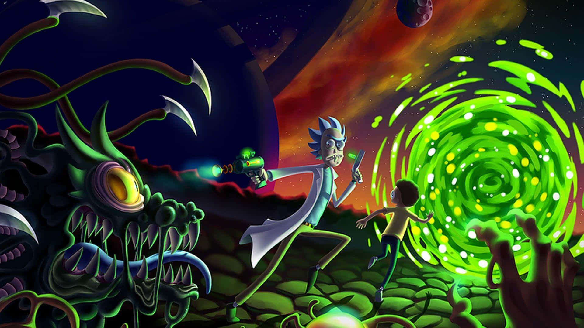 Bring home the fun interstellar adventures of Rick and Morty with this vibrant 1920x1080 wallpaper. Wallpaper