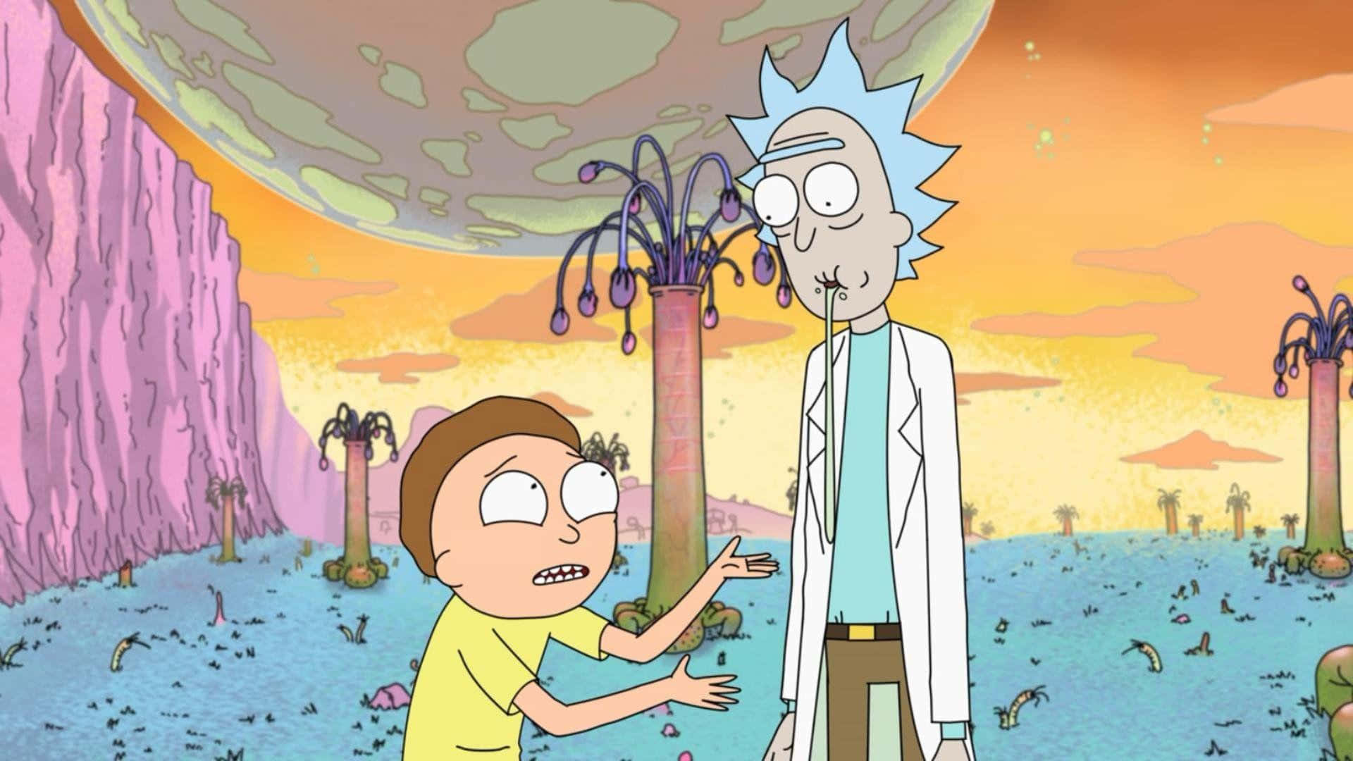 Rick og Morty gør et sejrrigt tilbagevenden i dette meme-værdige billede. Wallpaper