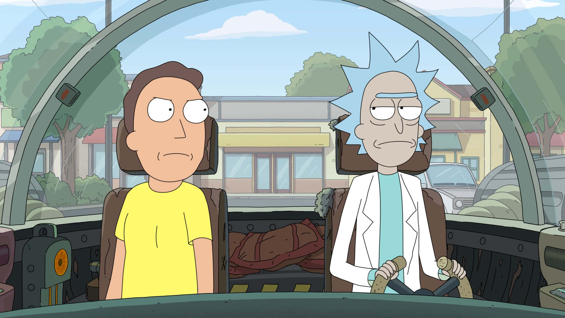 Rick And Morty In A Car Wallpaper