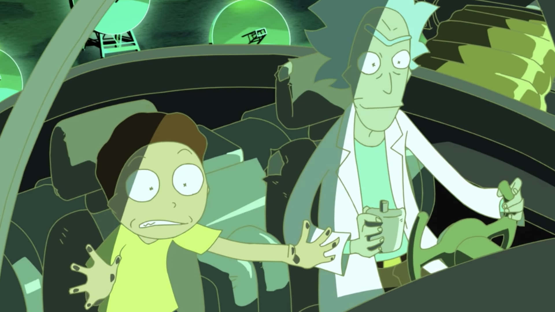 Rick og Morty i en bil Wallpaper