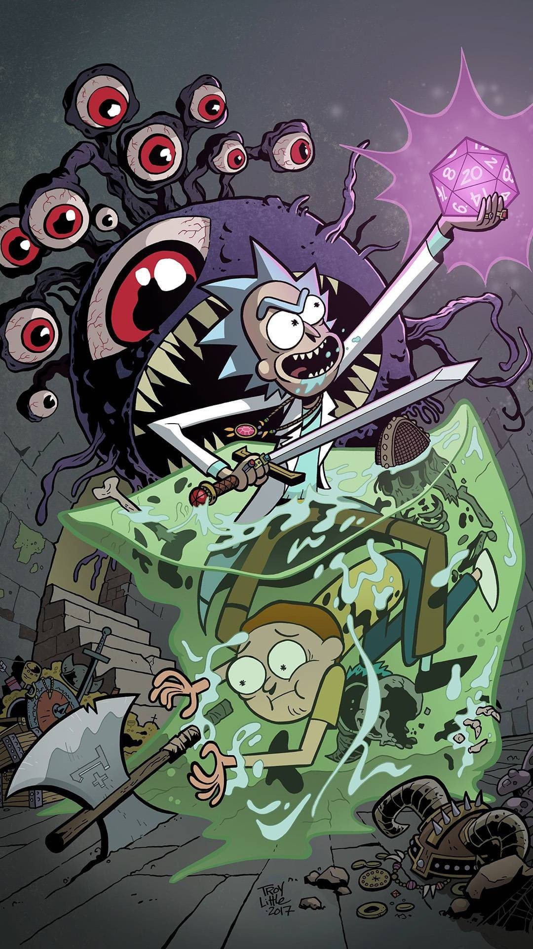 Rick And Morty And Purple Eye Monster Tablet Wallpaper