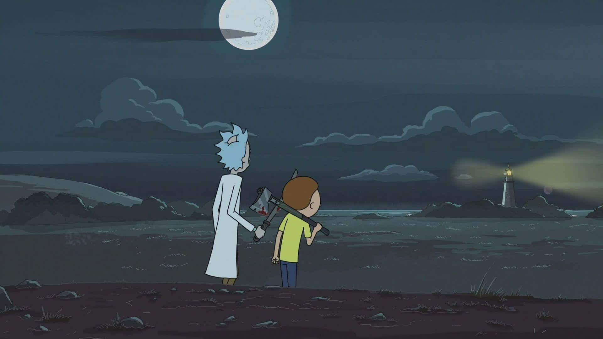 Rick og Morty i månelys murel Wallpaper