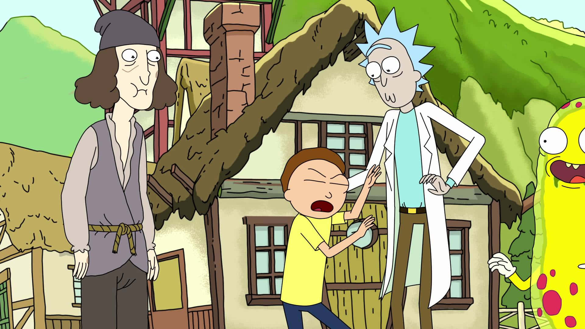 Losmejores Amigos Rick Y Morty Disfrutando Del Aire Libre Fondo de pantalla
