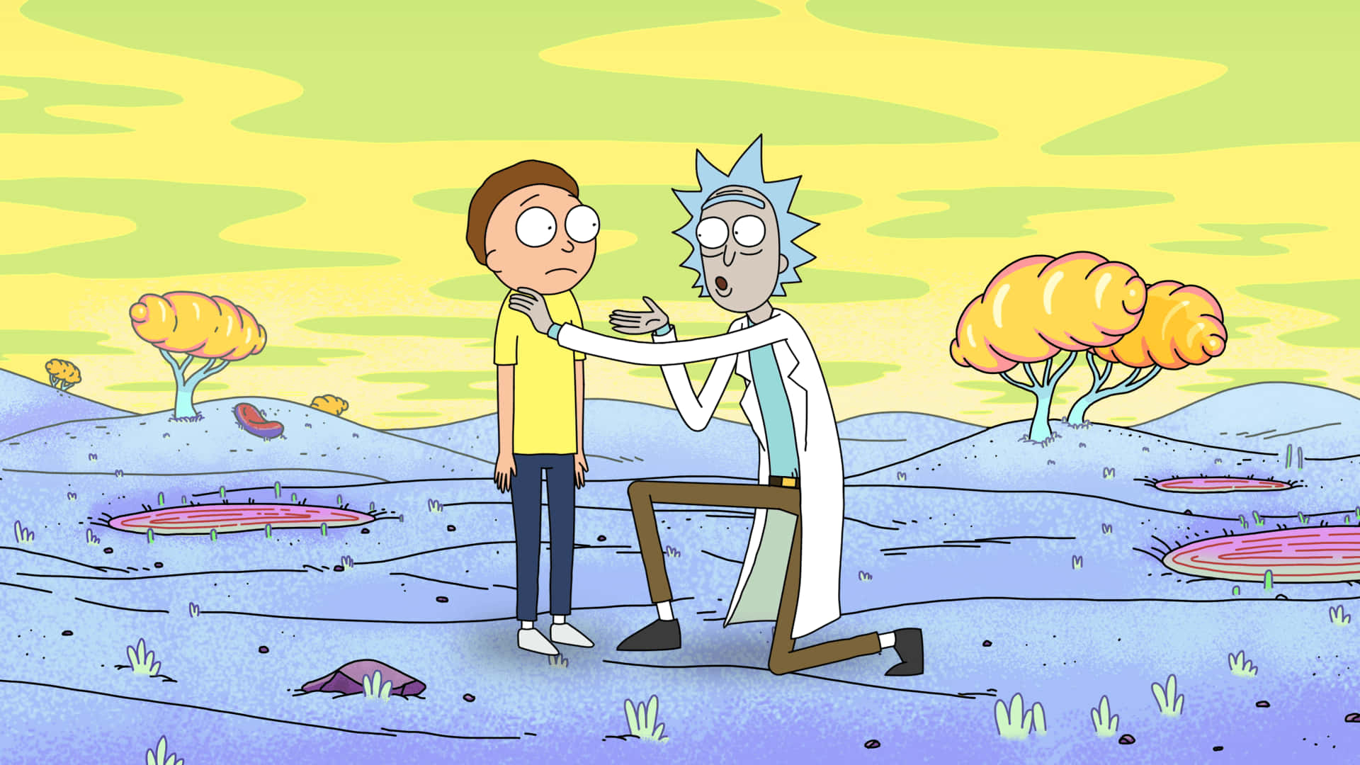 Rick og Morty tager en pause fra intergalaktiske eventyr og nyder noget tid i det vilde udendørs. Wallpaper