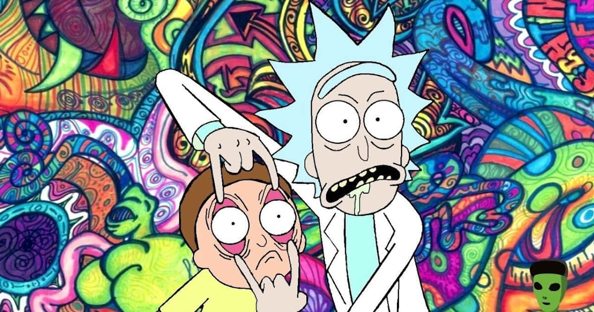 Rick og Morty i et psychedelisk baggrunds design Wallpaper
