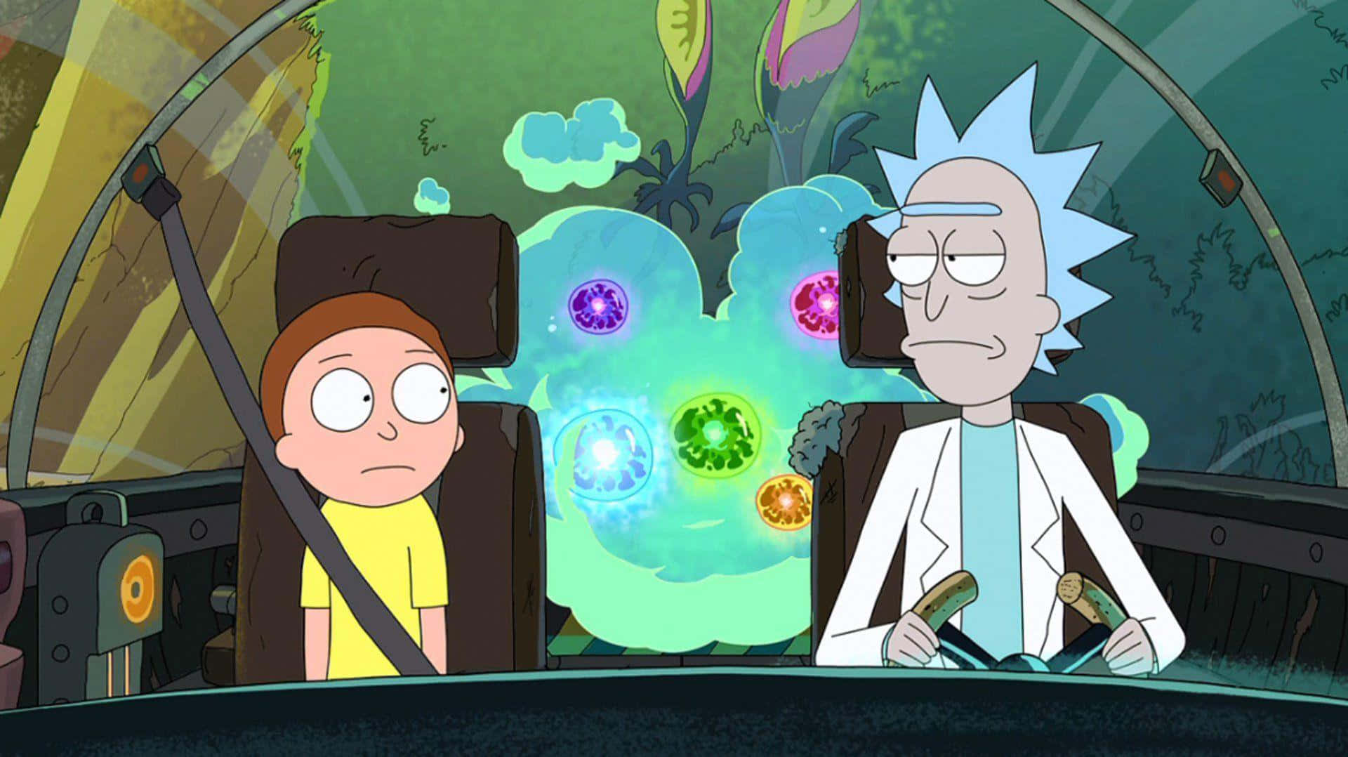 Rick og Morty i en bil med en grøn skærm Wallpaper