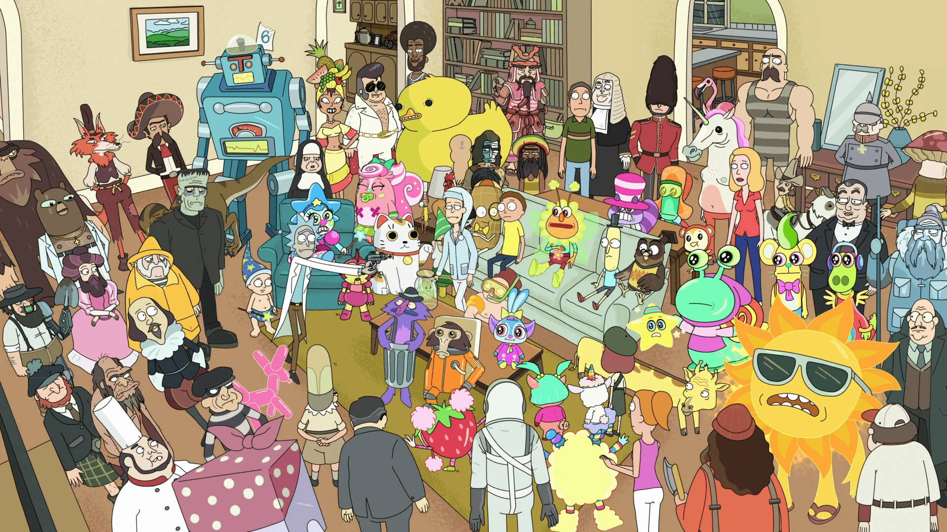 Rick And Morty Characters At Smith Residence Background