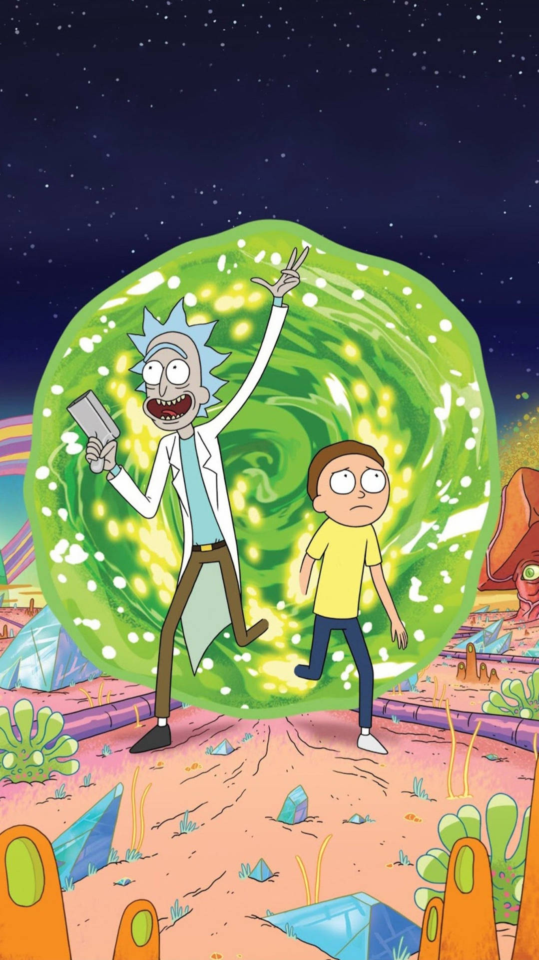 Rick and Morty come out of a portal together Wallpaper