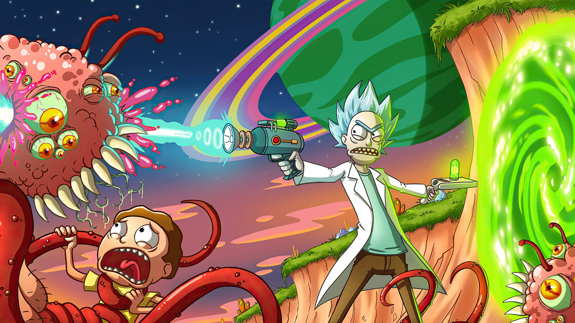 Rick And Morty Cool Battle Against Aliens Background