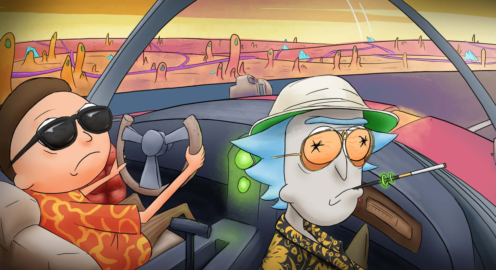 Driving Rick And Morty Fan Art Wallpaper