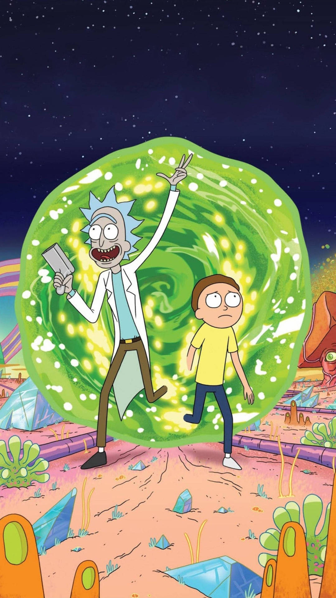 Rick And Morty Getting Off The Green Portal Tablet Wallpaper