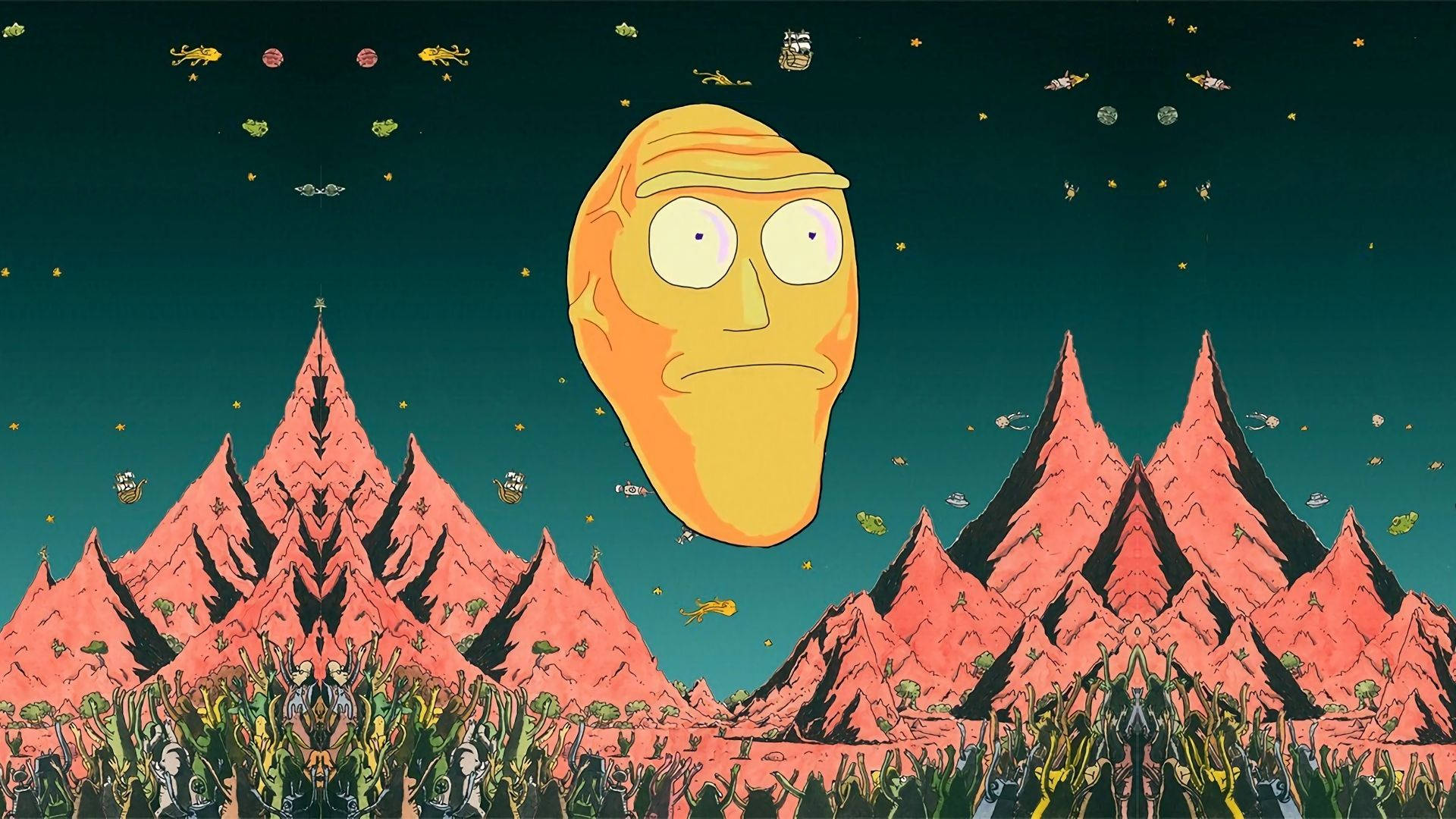 Giant Rick towers over Morty in this surreal Rick and Morty wallpaper. Wallpaper