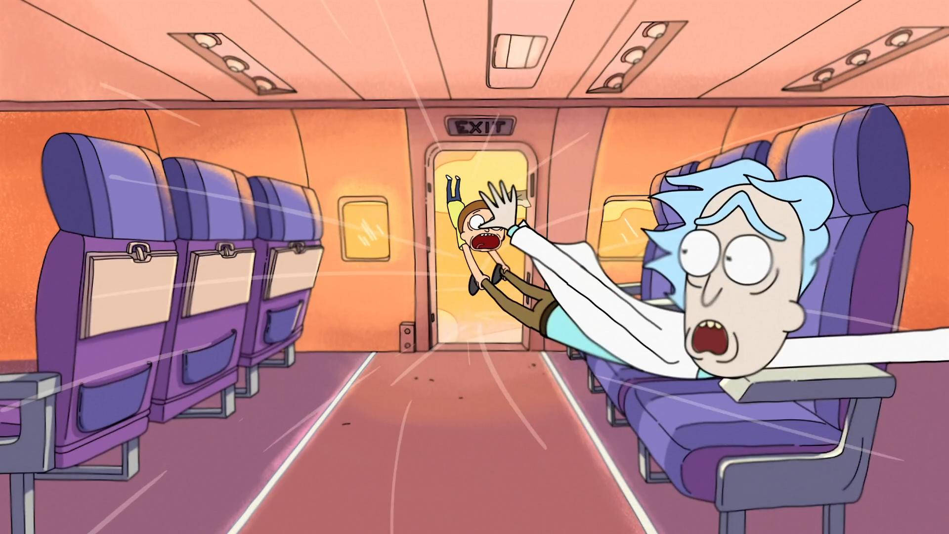 Rick And Morty Inside An Open Airplane Scared Background