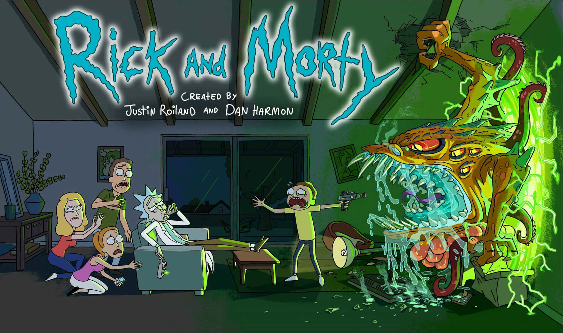 Rick And Morty Alien Invasionlaptop Wallpaper
