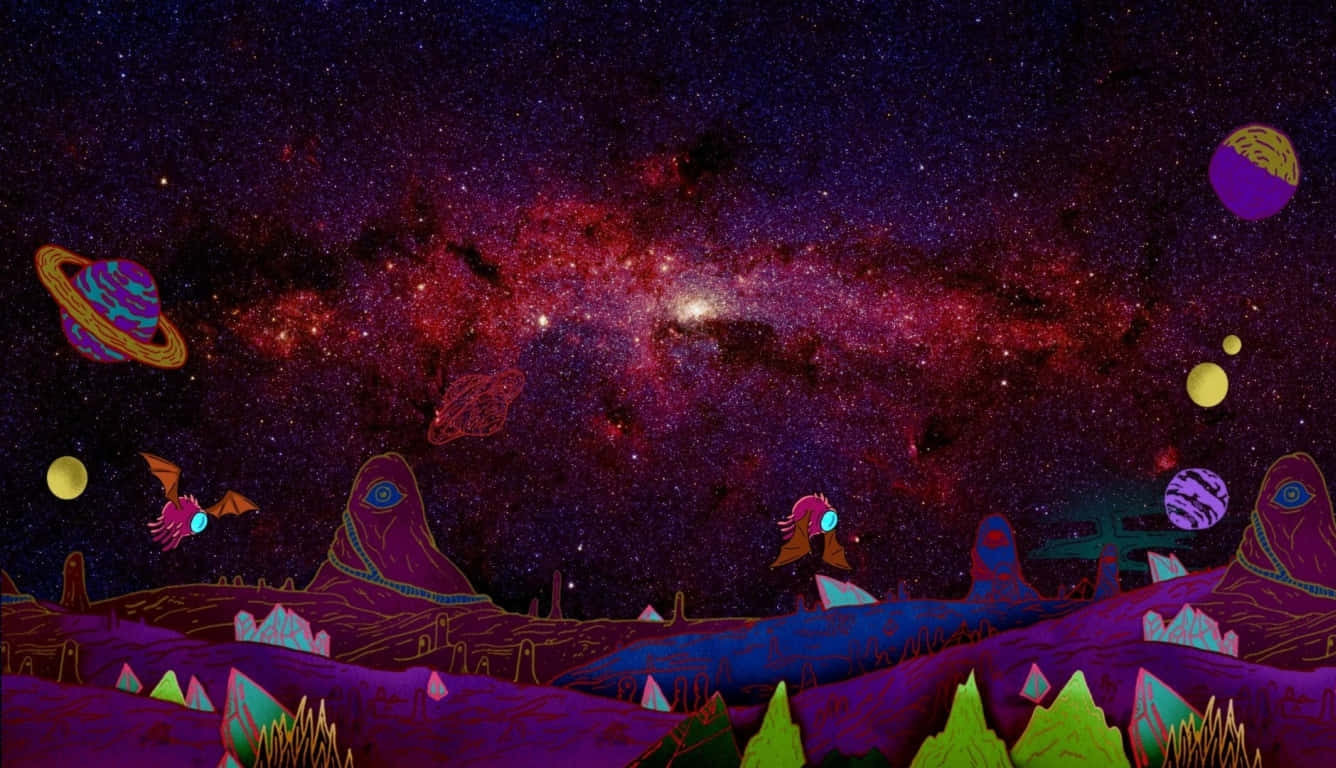 Et lilla og lilla landskab med planeter og stjerner Wallpaper