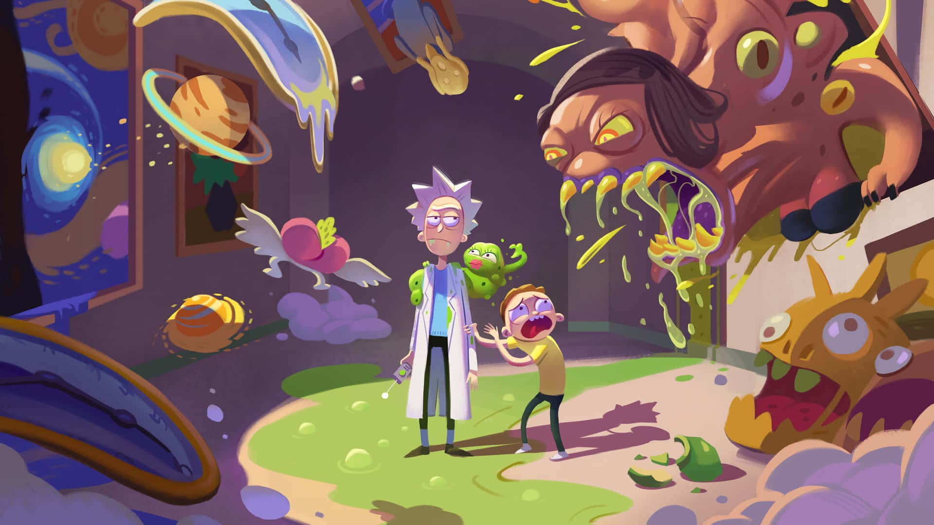 Rick and Morty defending a spaceship from an invasion Wallpaper