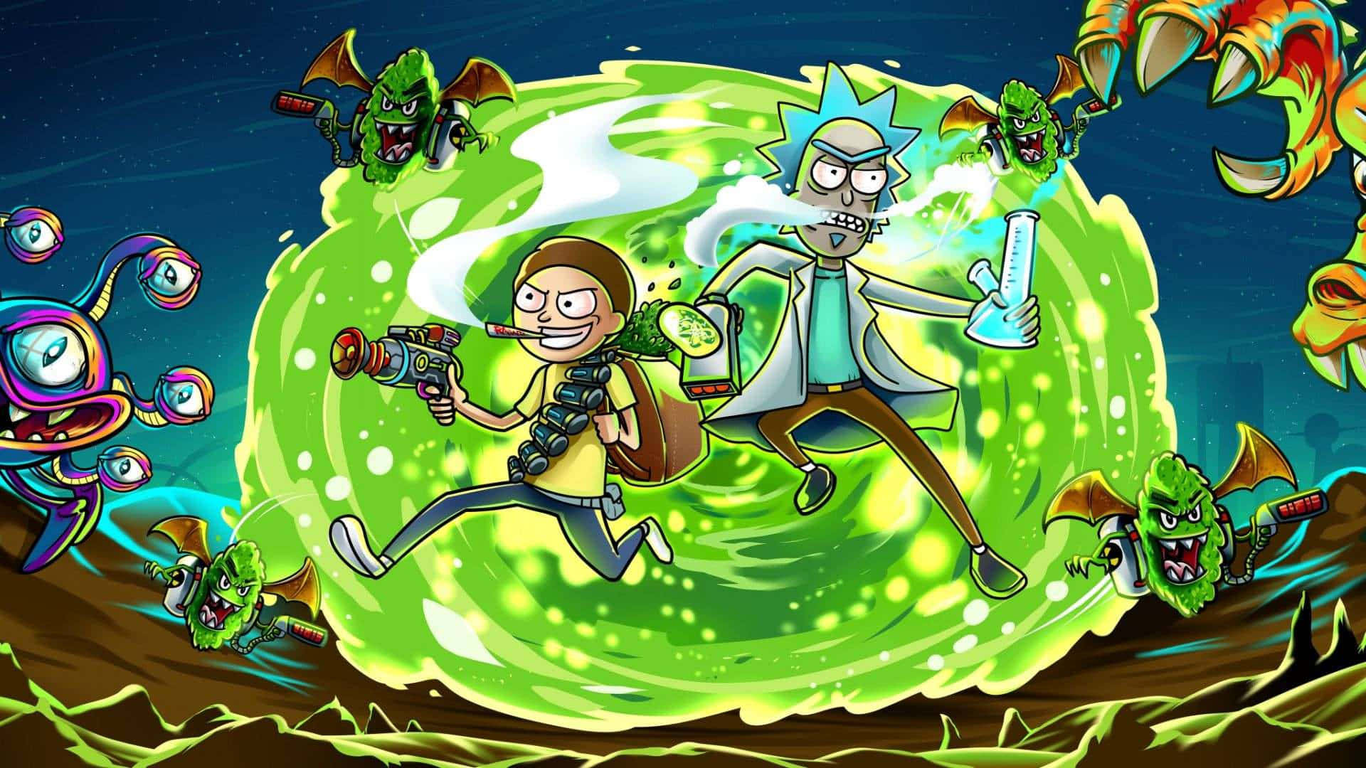 Escenade Lucha De Rick And Morty En El Portal Alienígena - Computadora Portátil. Fondo de pantalla