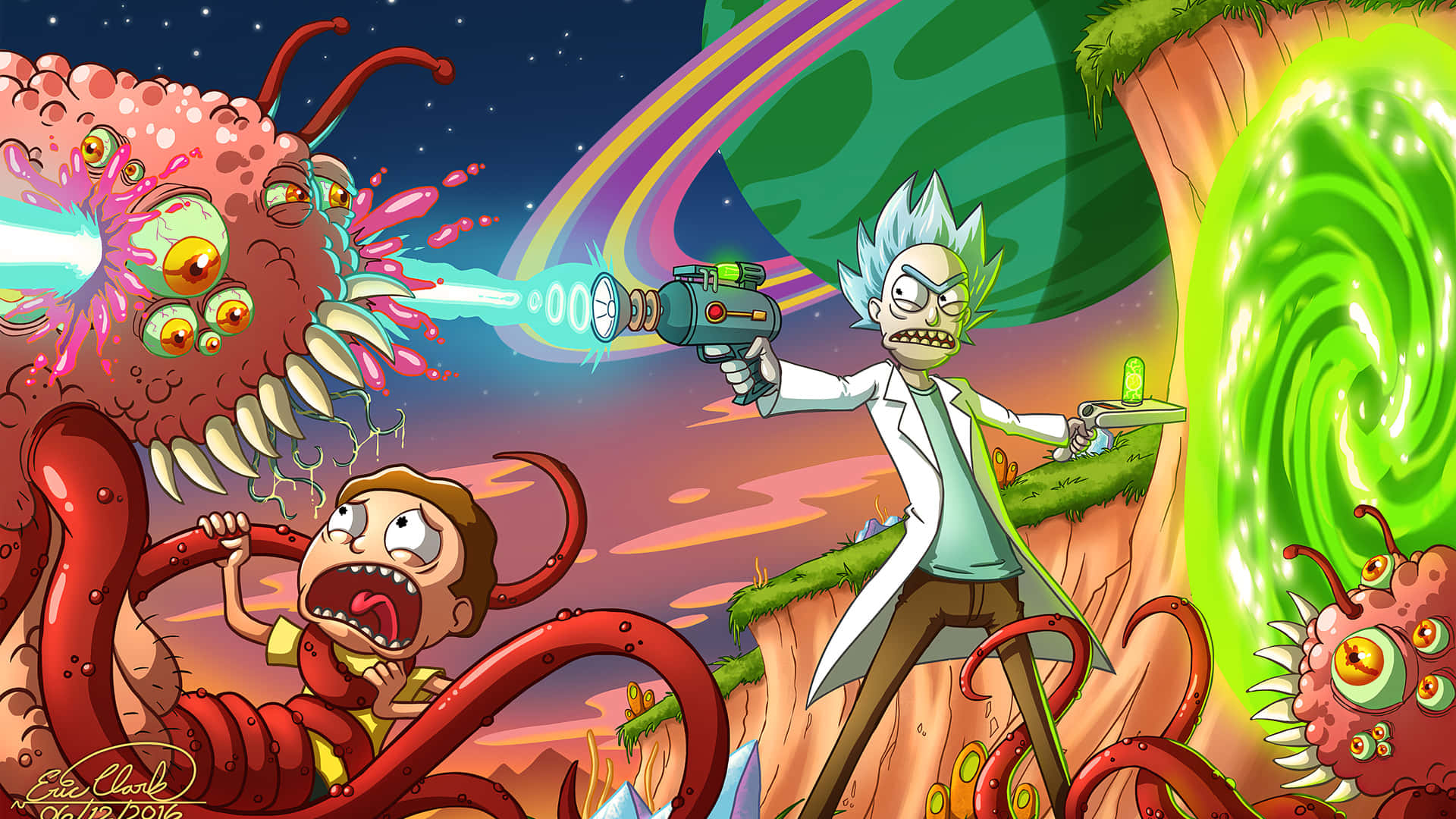 Go on a wacky interdimensional adventure with Rick and Morty on your laptop Wallpaper