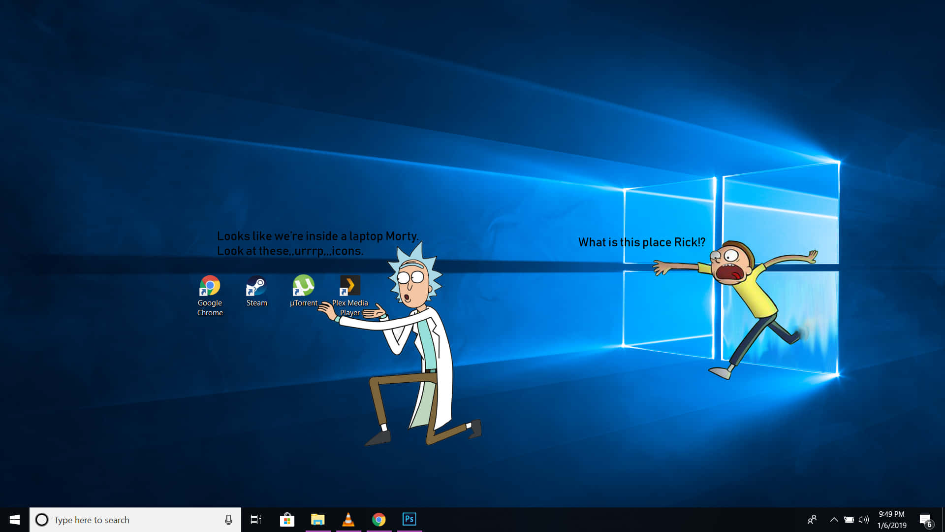 Laptop featuring Rick and Morty against a sea of stars Wallpaper