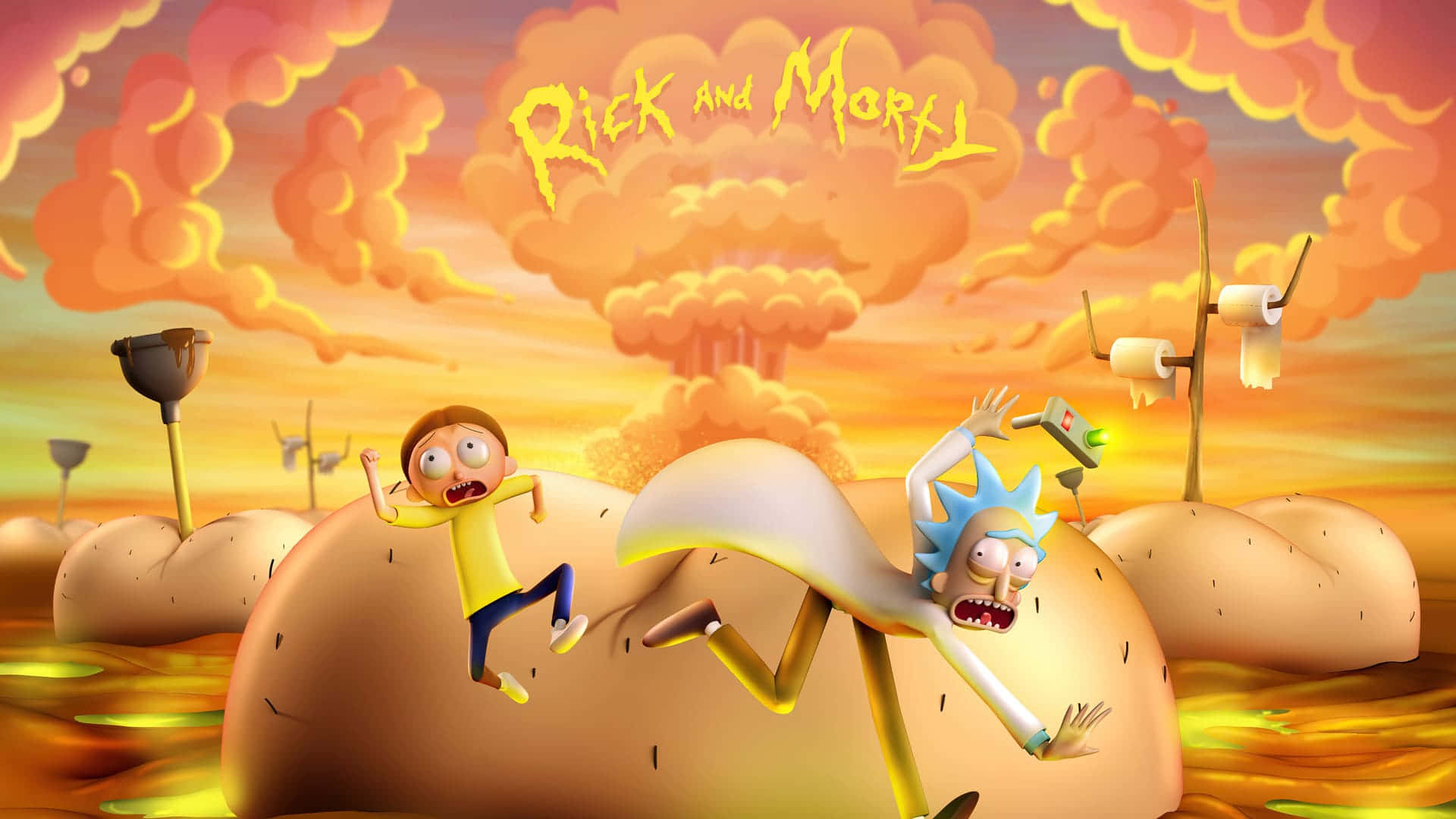 Billede  En Rick og Morty-laptop med et farverigt tegnetema. Wallpaper