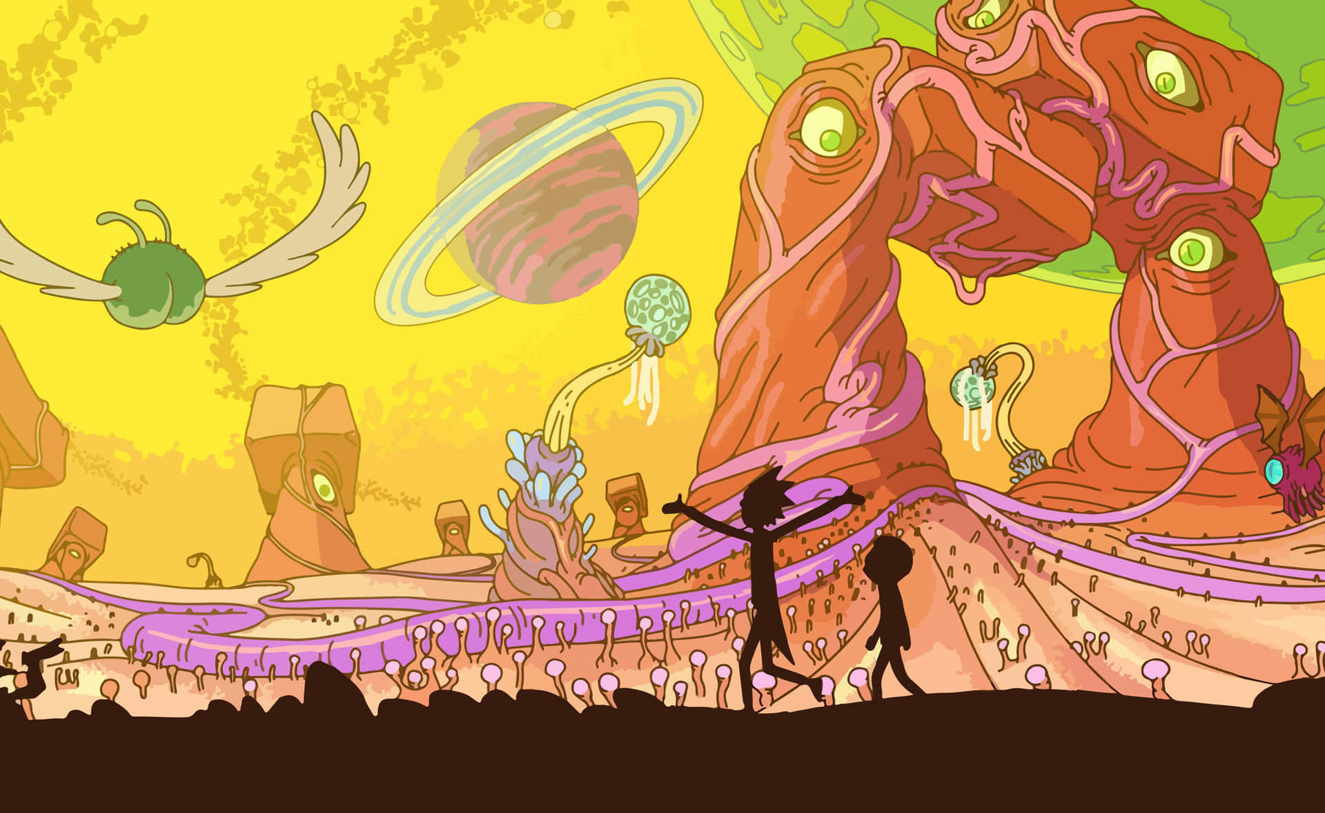 Gør dig klar til at gå interstellart med dette Rick og Morty tema bærbare computervægmaleri. Wallpaper