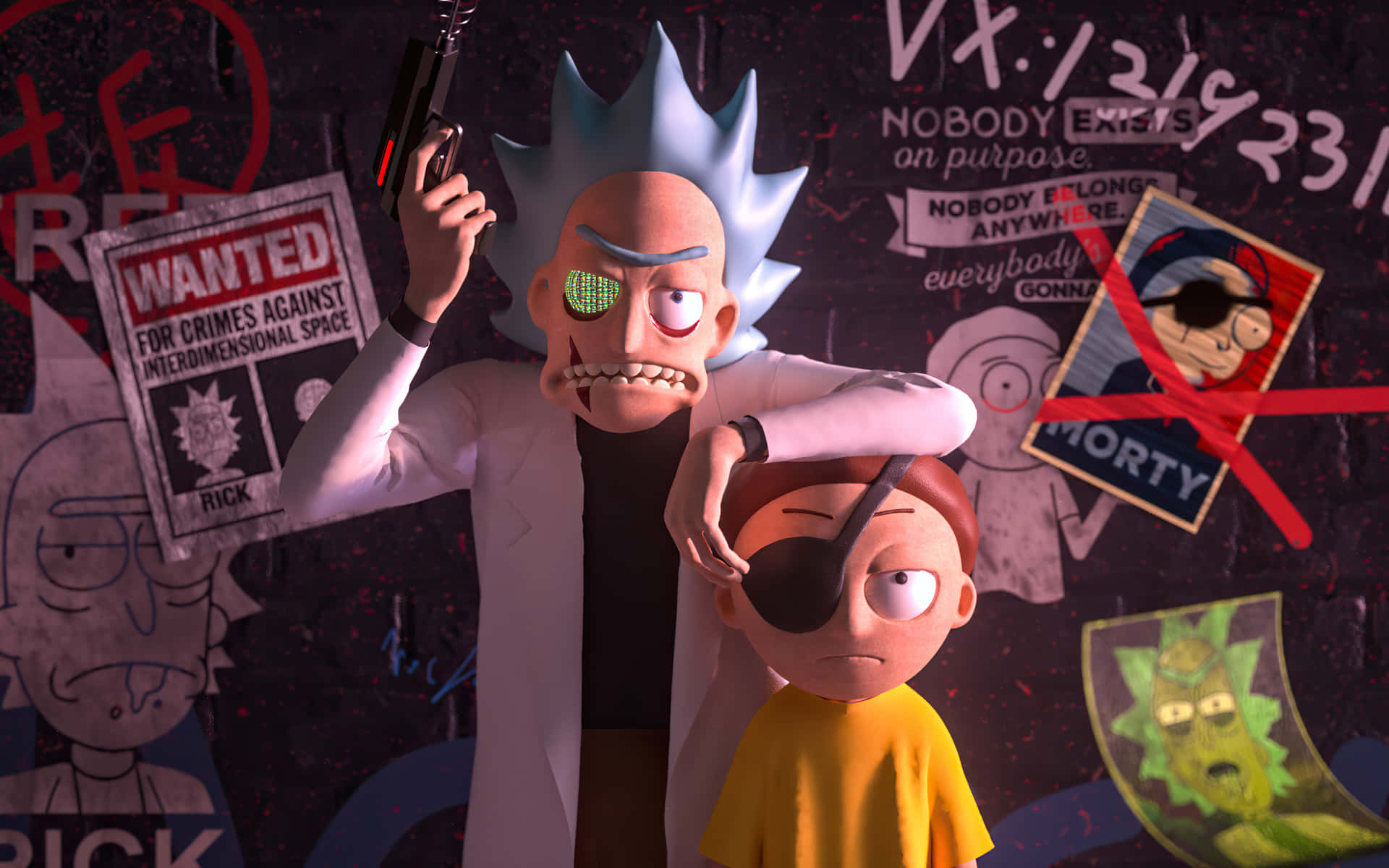 A Rick and Morty fan uses their cartoon adorned Macbook to surf the web Wallpaper
