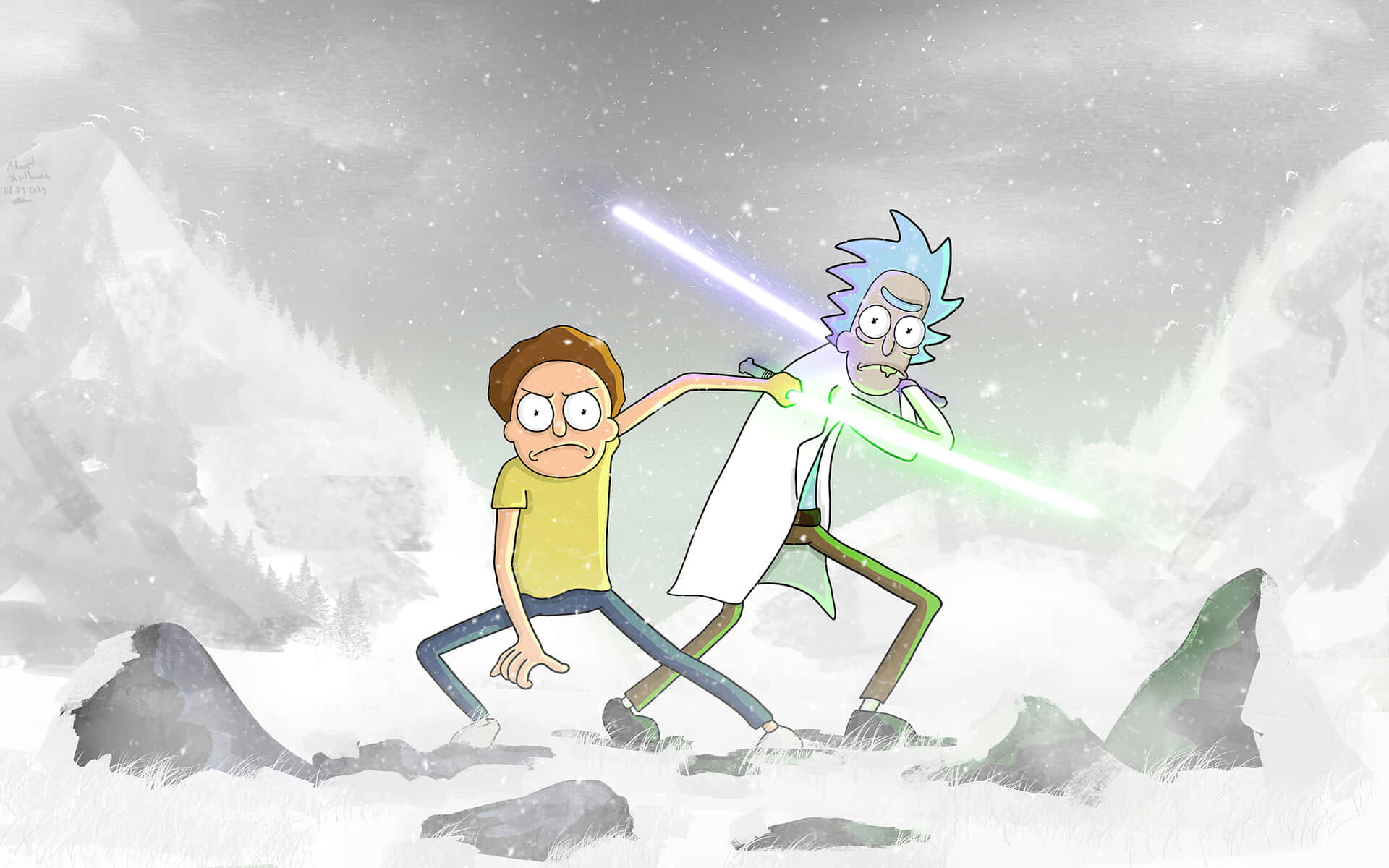 Rick And Morty Macbook Holding Lightsabers Snow Wallpaper