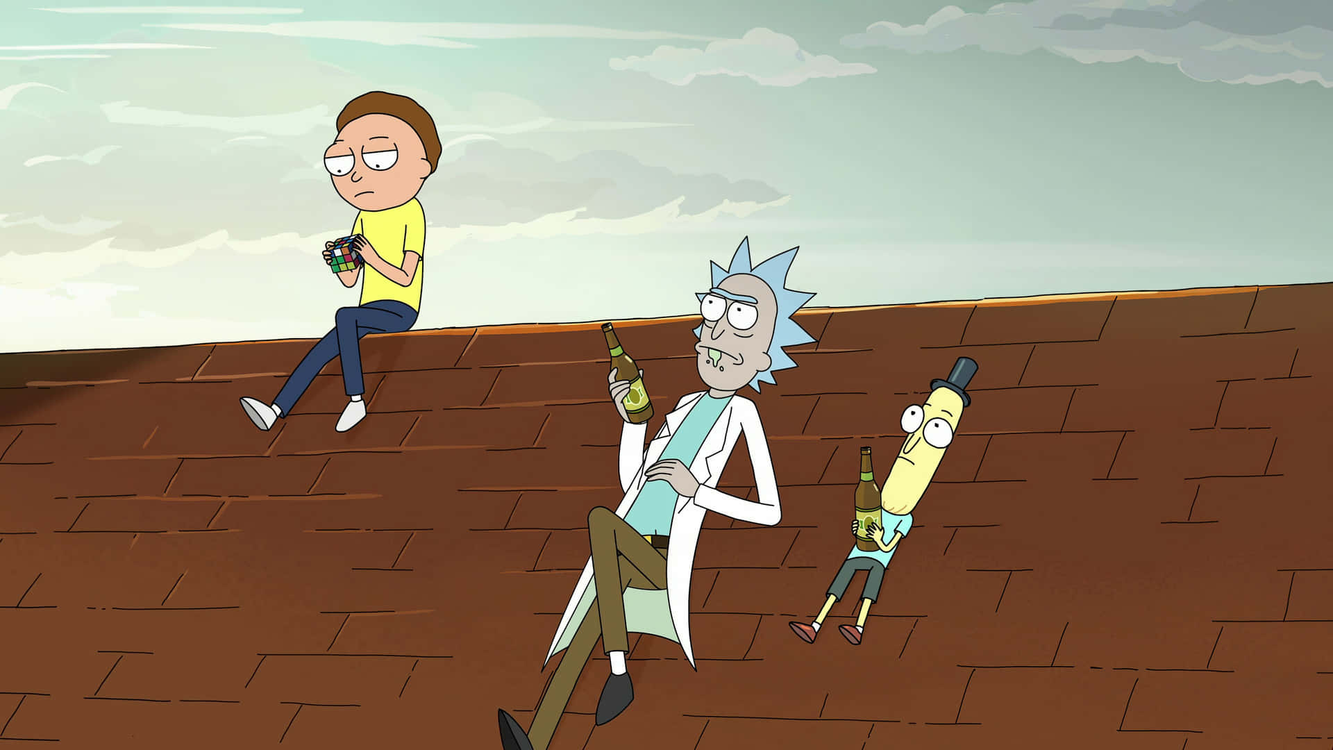 Rick And Morty Macbook Sitting On The Roof Wallpaper