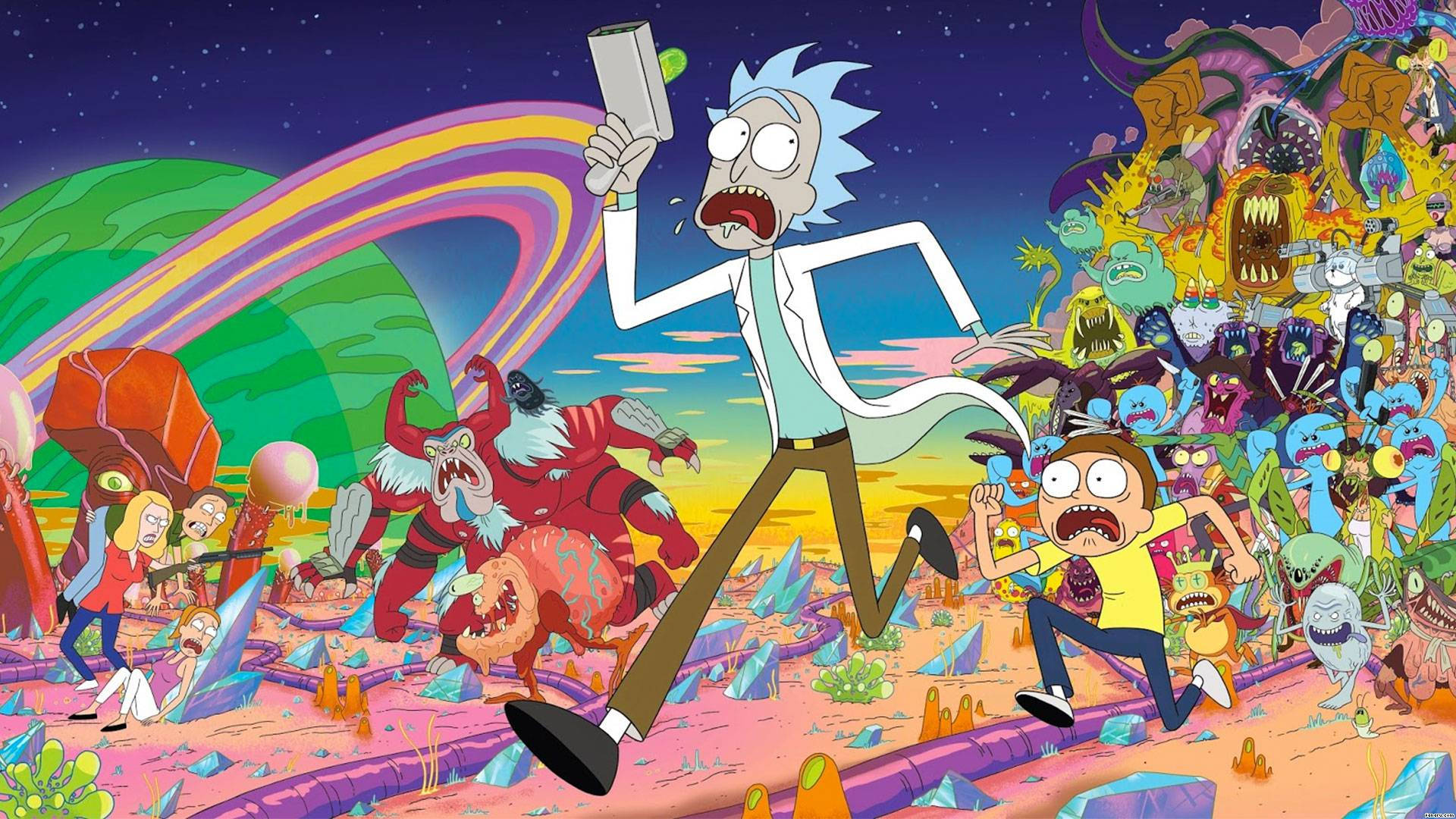 Rick And Morty Running Away From Monster Background