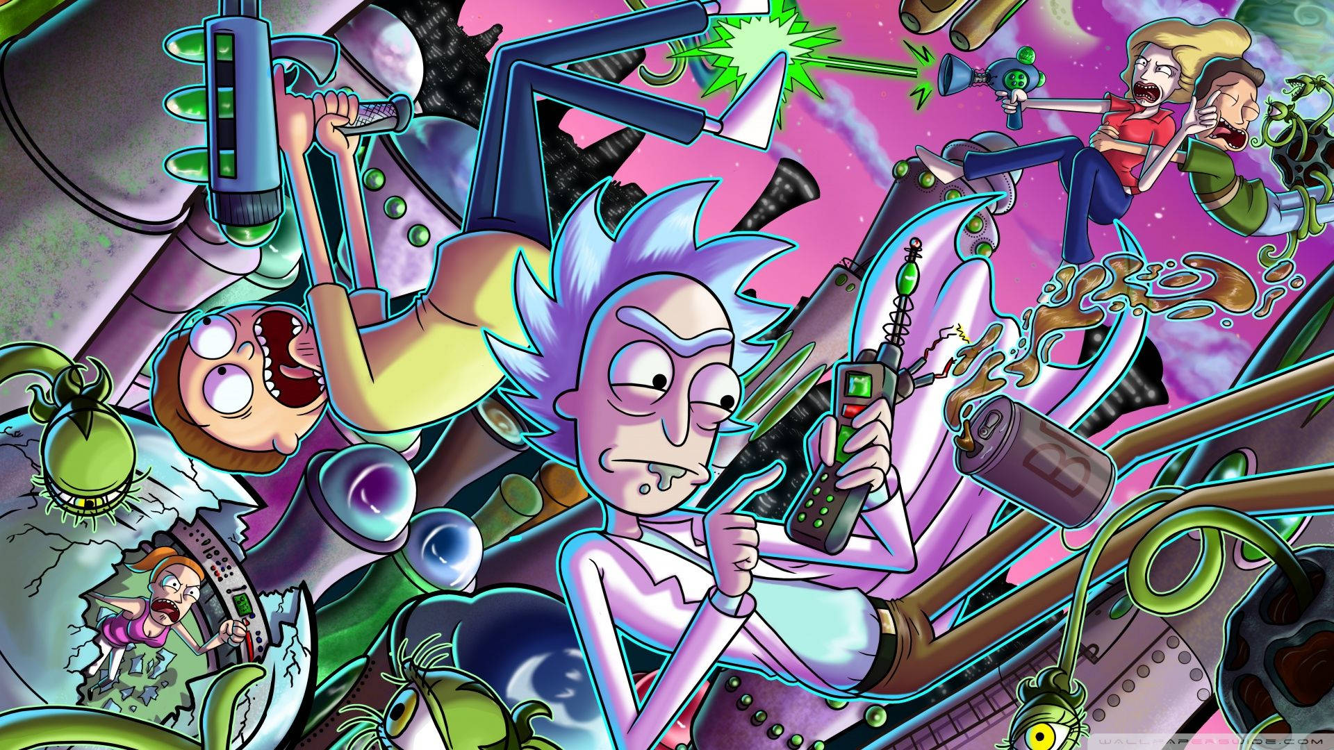 Rick And Morty Stoner Falling Amidst Chaos Wallpaper