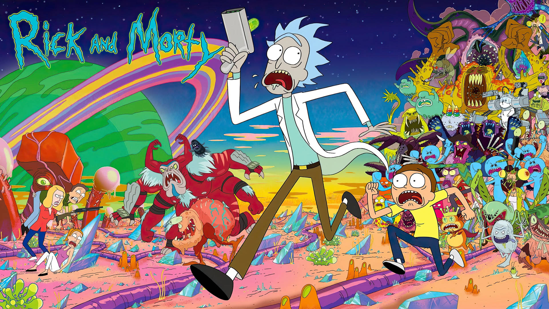 Rick And Morty Stoner Running Away Together Wallpaper