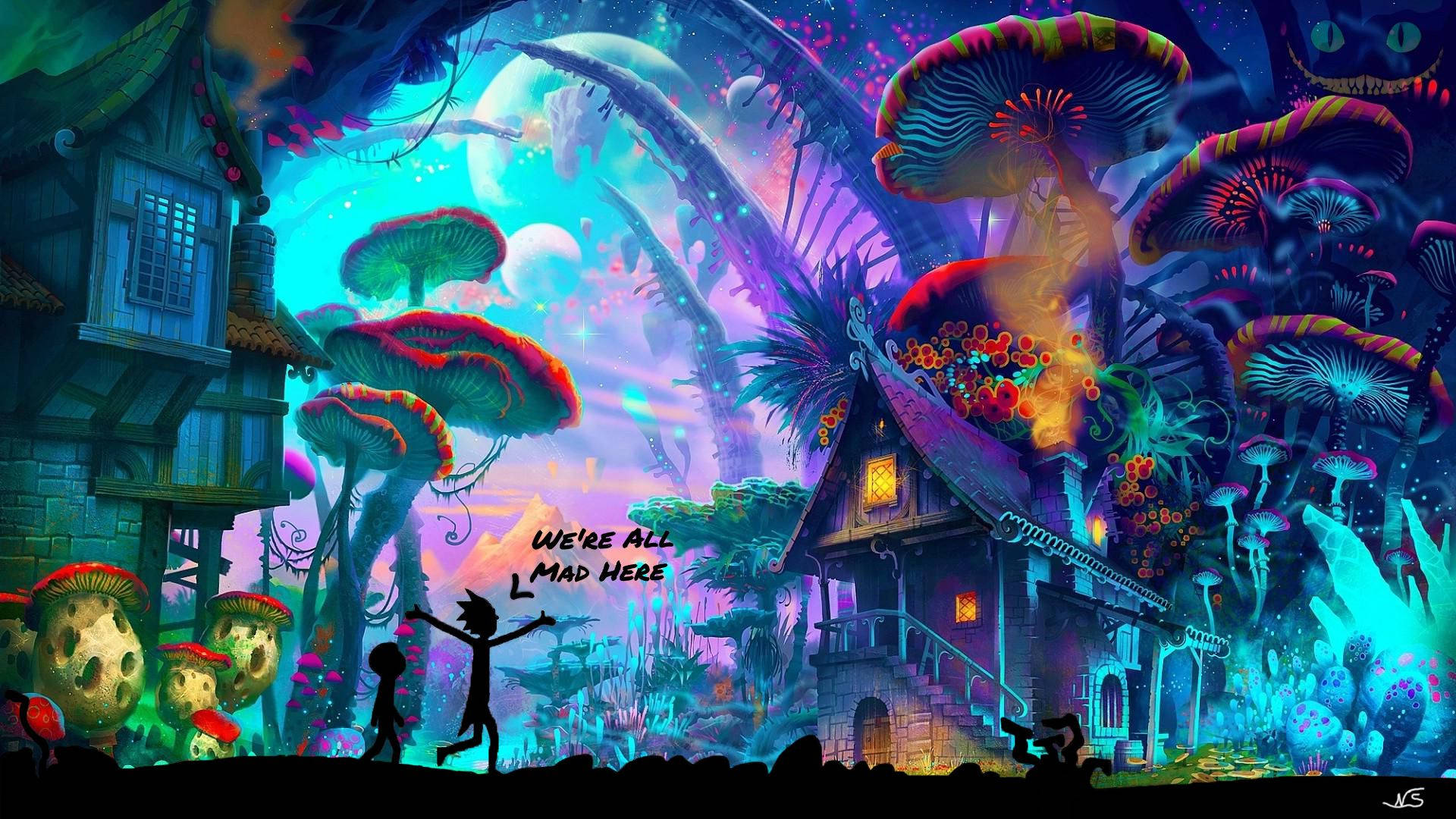 Rick And Morty Trippy Mushroom Houses Wallpaper