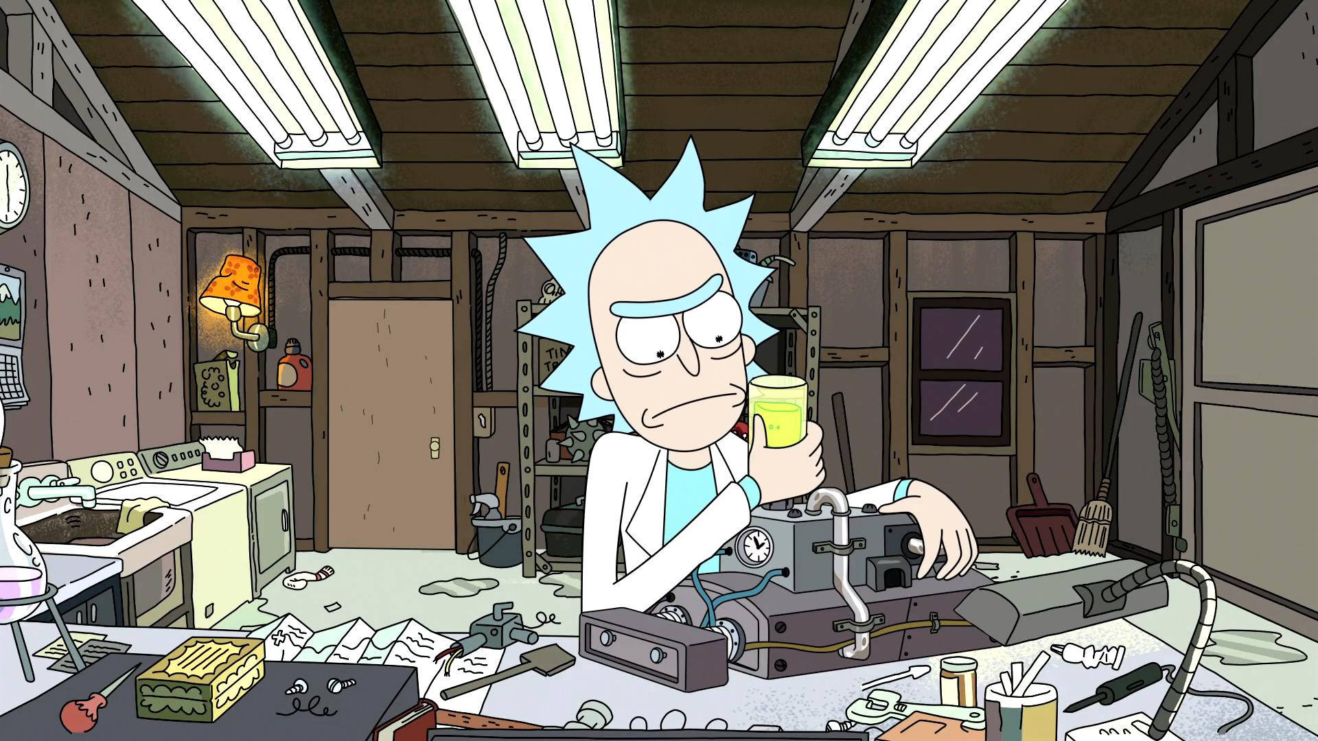 Rick Sanchez In Rick And Morty Serious Look Background