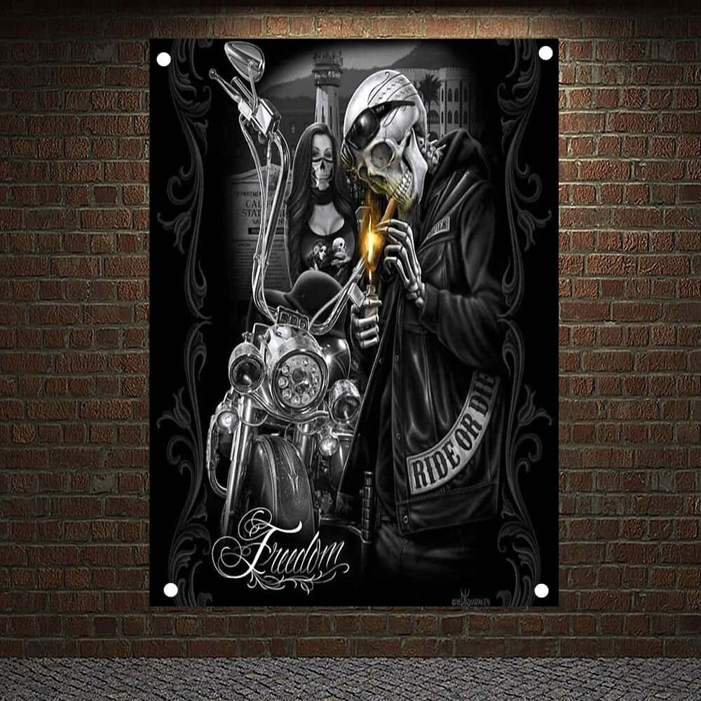 A Black And White Poster With A Skeleton On A Motorcycle Wallpaper