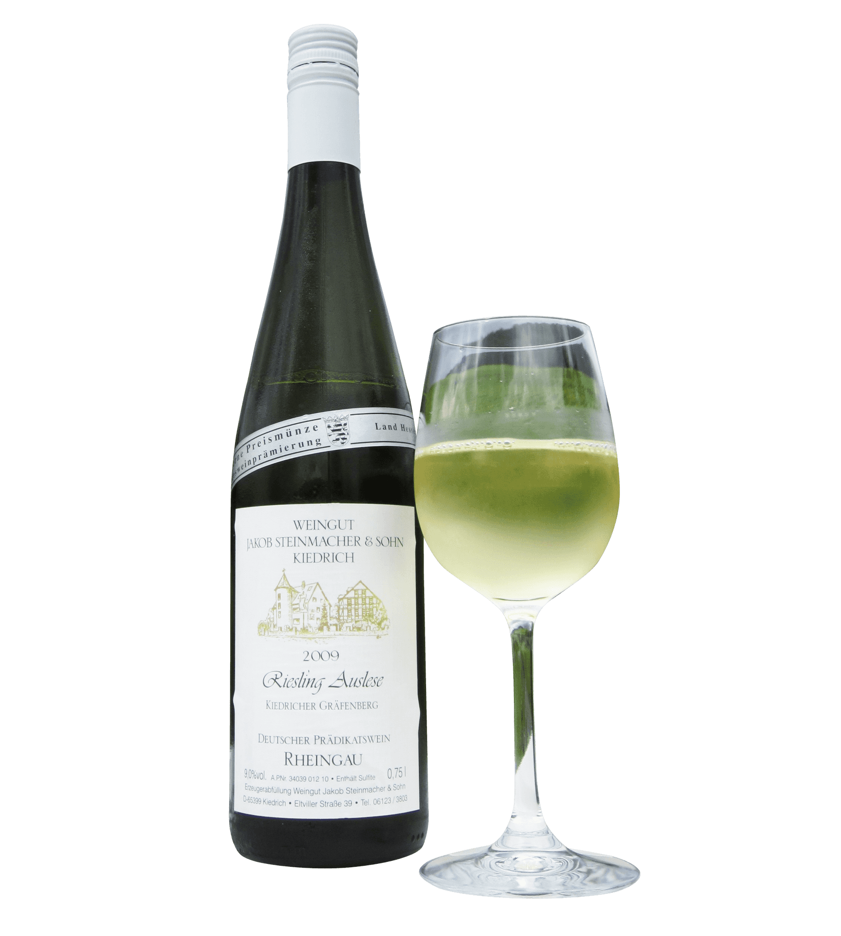 Riesling Auslese White Wine Bottleand Glass PNG