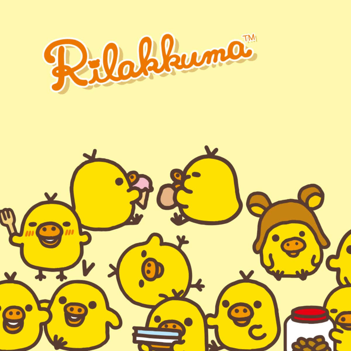 Adorable Rilakkuma and Friends Relaxing on Yellow Background