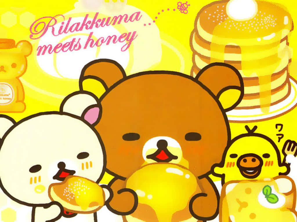 Rilakkuma Laptop Honey Pancakes Tapet: Et sødt ultra-høj opløsning tapet med Rilakkuma, der elsker honning pandekager. Wallpaper