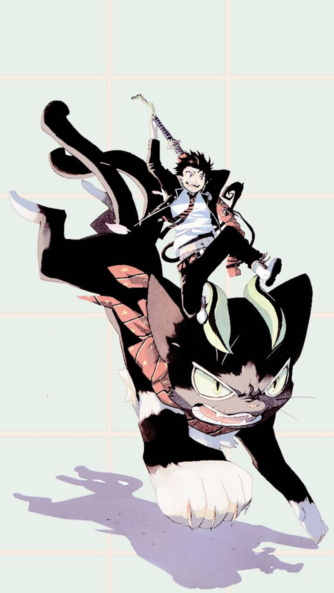Rin Okumura riding his familiar, Kuro, in Blue Exorcist Wallpaper