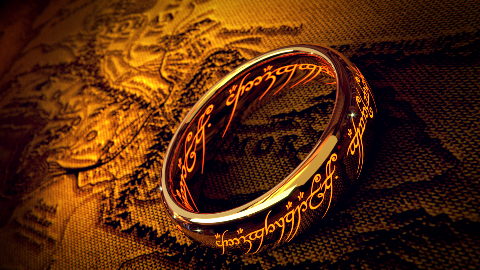 Never go a day without your favorite ring. Background — A gleaming golden ring with glowing elvish script rests on a textured map under warm golden light.