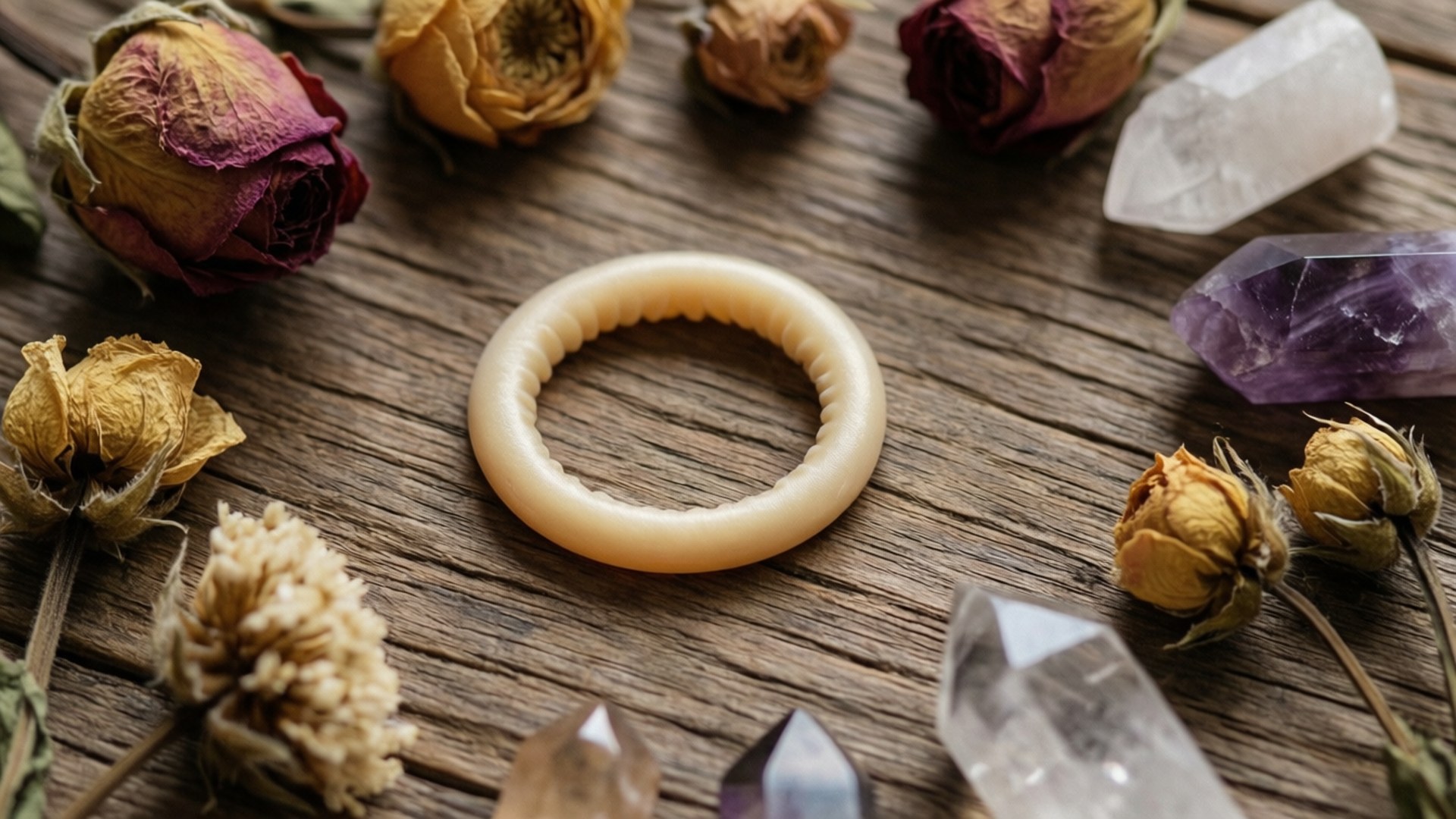 Et boho-stilleben af en præventionsring med tørrede blomster og krystaller.